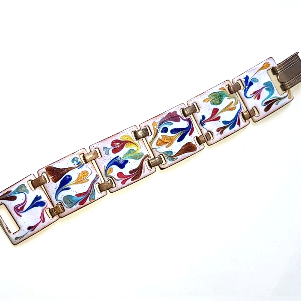 ENAMELED COPPER LINK BRACELET - VINTAGE but VERY SHORT 5 3/4" LENGTH - Picture 7 of 7
